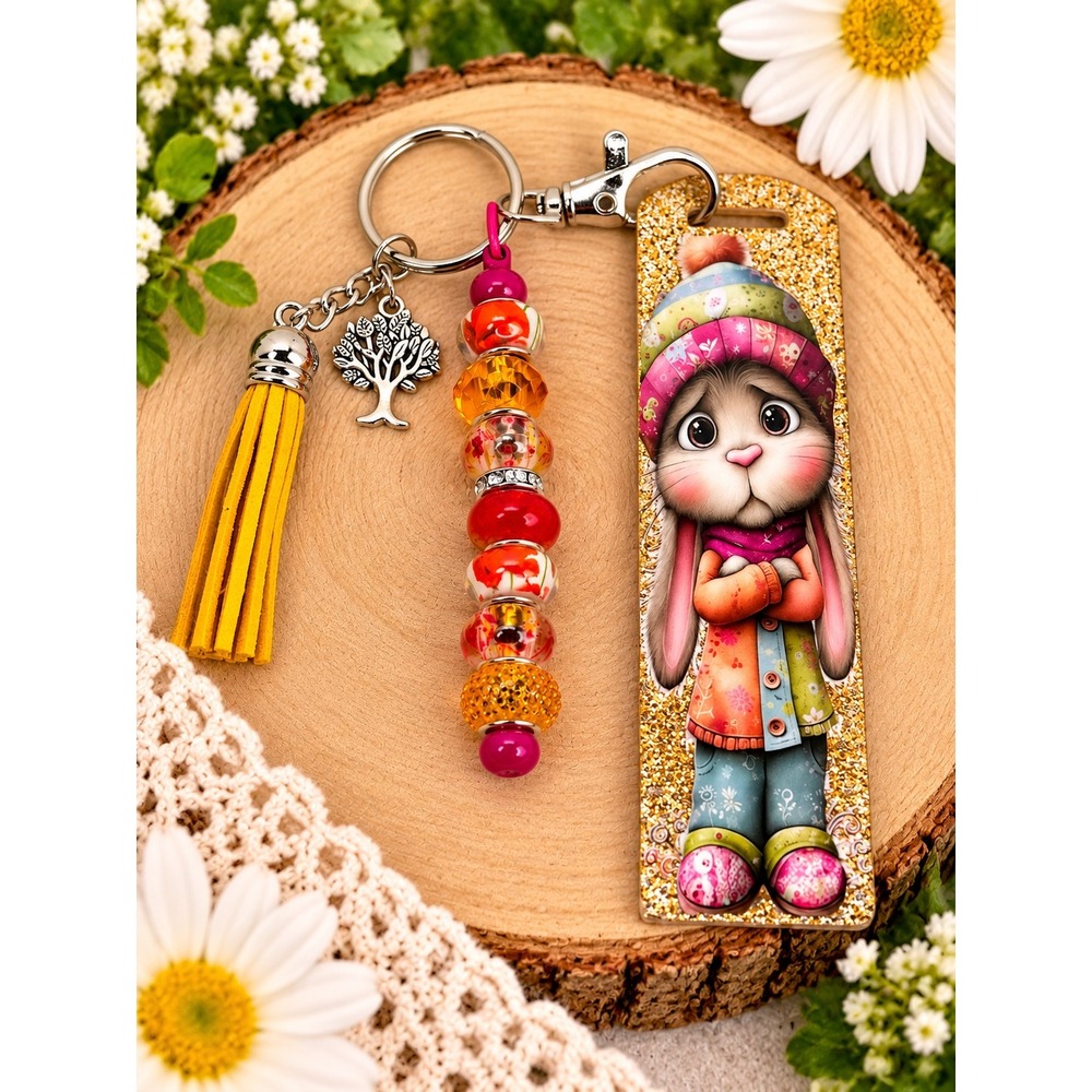 Bunny Bag Charm Keychain Gold Glitter Tree of Life Tassel Beaded Accessory 7